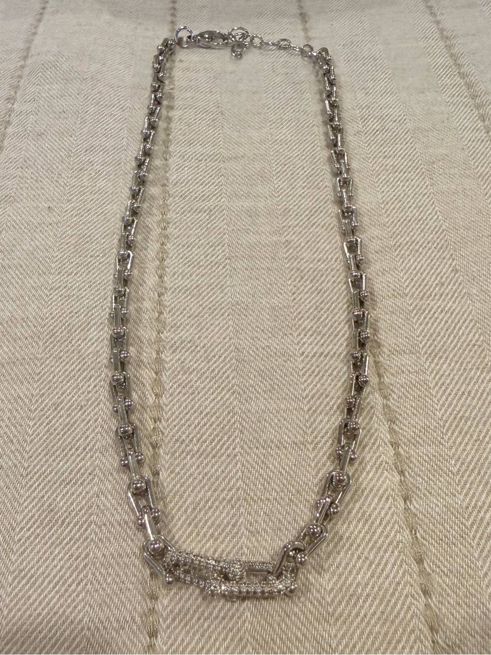 Silver Chain Necklace with Pave Crystal Accent - interlocking links